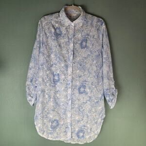 Adiva Womens Blue White Floral Embroidered Eyelet Button Down Tunic Top Medium